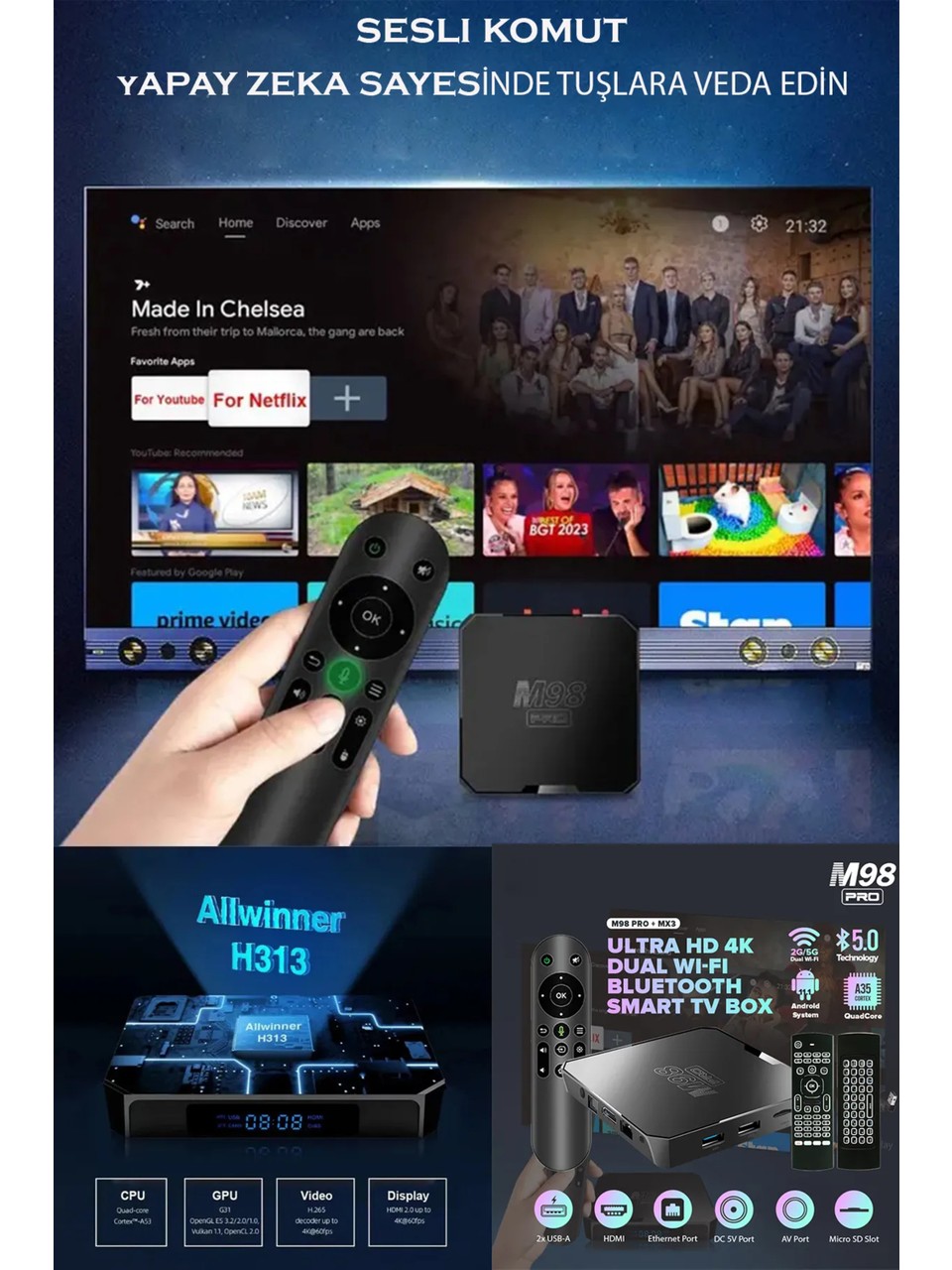 Bilişim Burada M98 Pro Android 10-0 Akıllı Sesli Kumandalı 2gb Ram 16GB 4K 3D Wıfı Android 10 Andriod Tv Box Iptv Cihaz  Iptv Box Inat Box